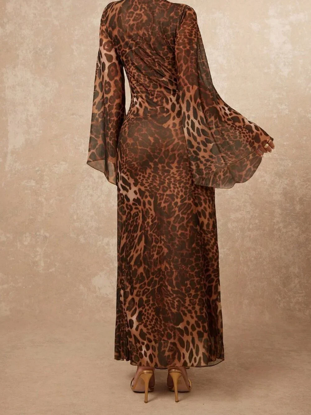 Coffee Brown Elegant Women's Leopard Print Oversized Sheer Tie-Up Maxi Dress - Picture 2 of 6